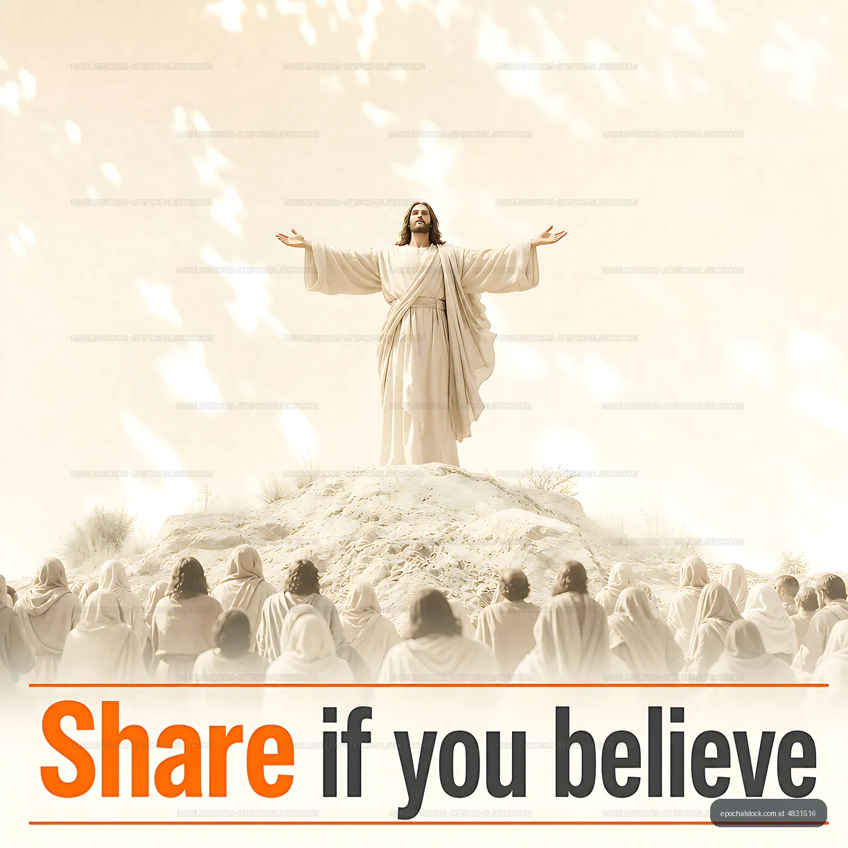 Jesus standing with open arms on a hill with followers below