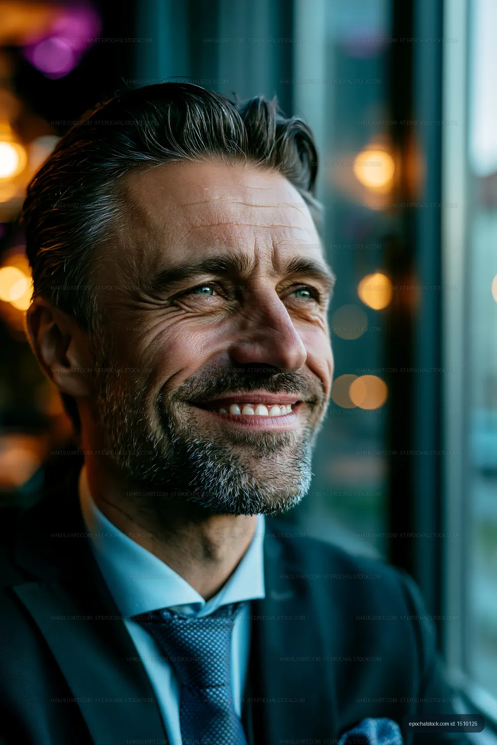 Smiling man in a suit looking out the window at night