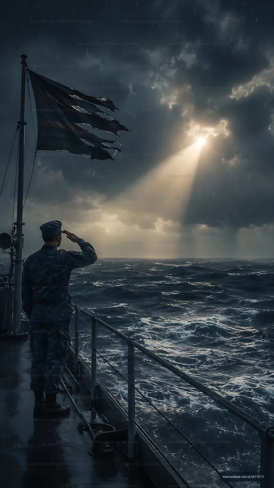 Soldier saluting at sea during stormy weather