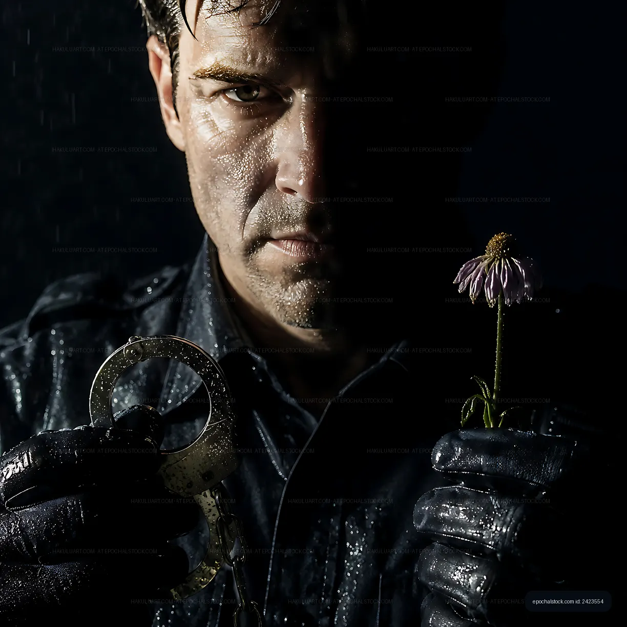 Man holding handcuffs and flower in dark setting