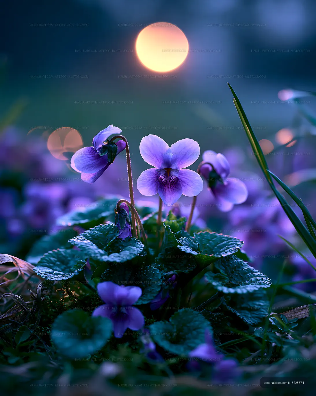 Violets with dew in field during sunset