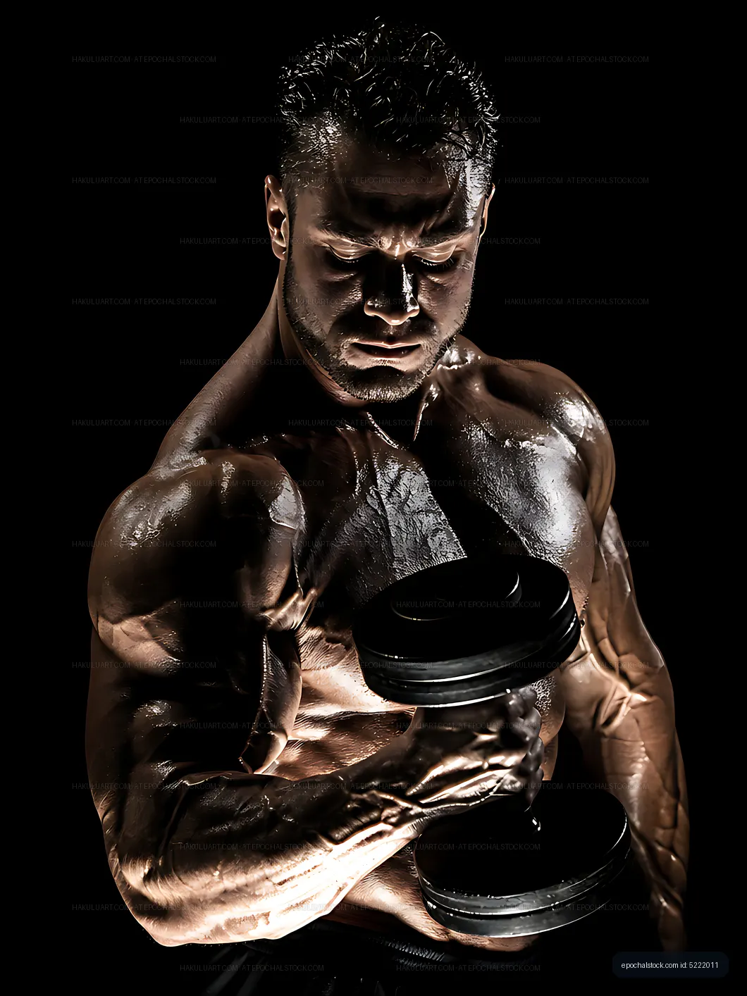 Muscular man lifting dumbbell in dark background