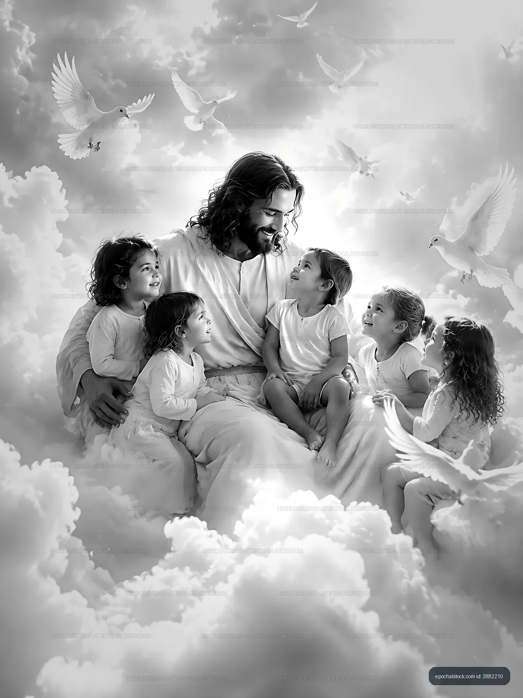 Jesus sitting with children in a heavenly setting