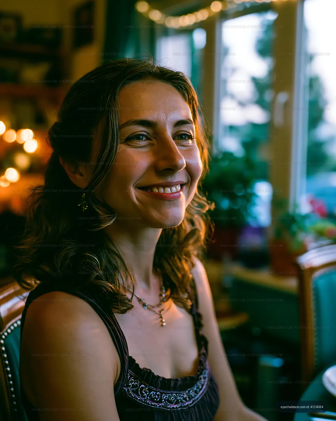 Woman smiling at dinner table with warm lights