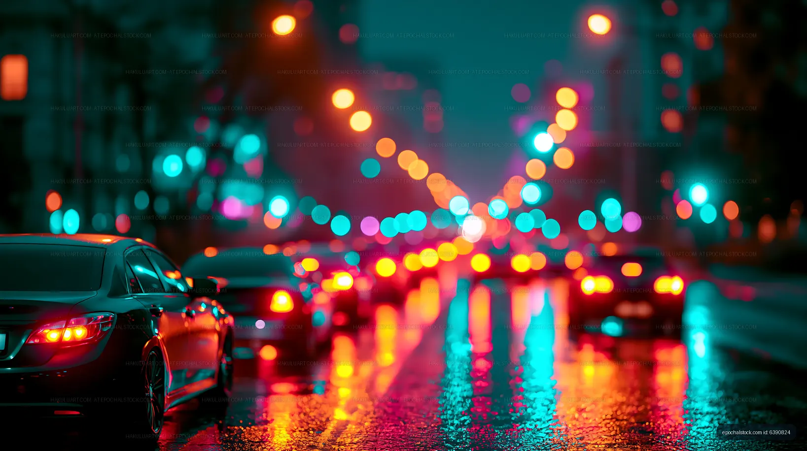 City street at night with traffic and colorful lights