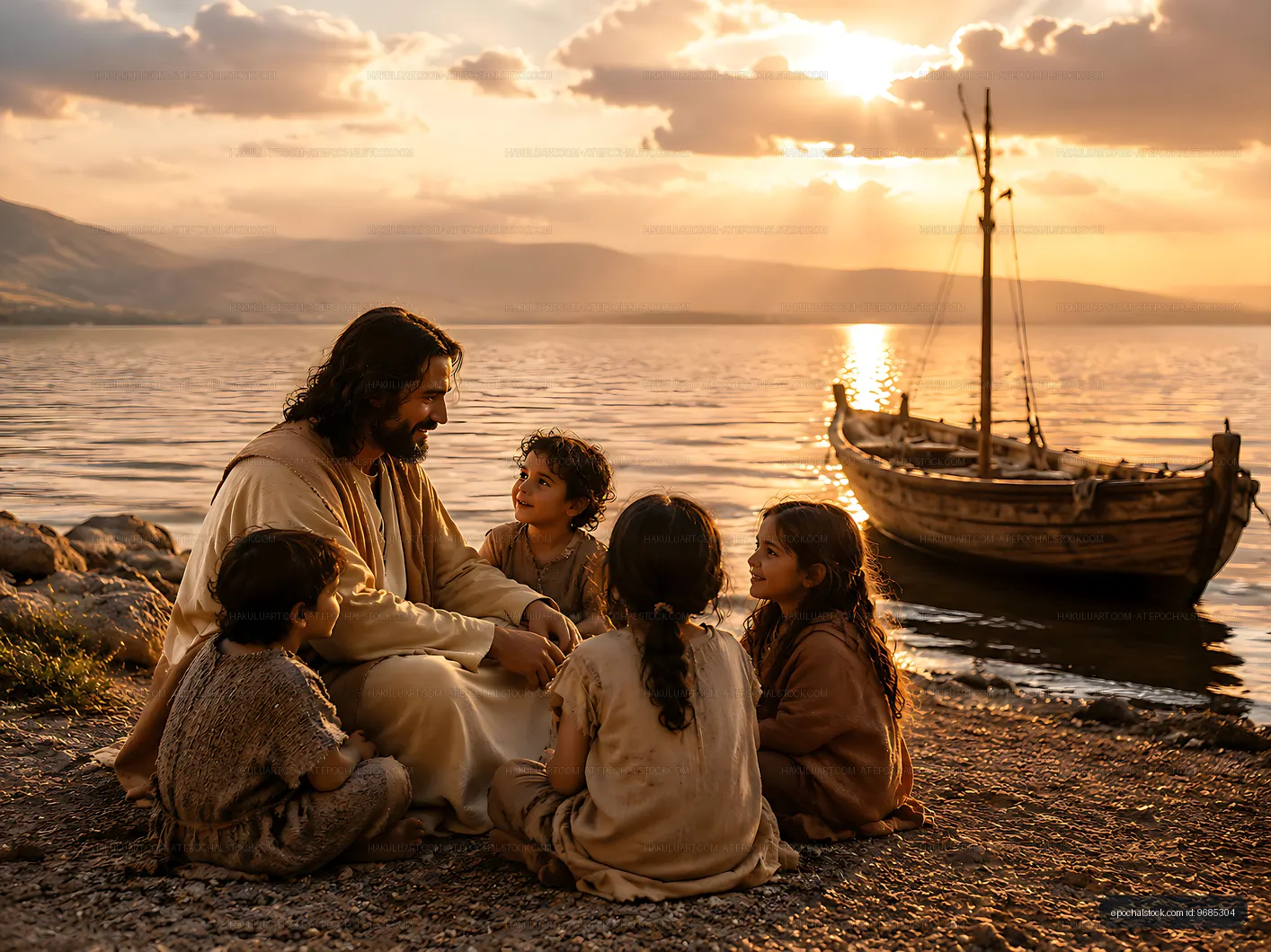 Figure sitting near water with children at sunset