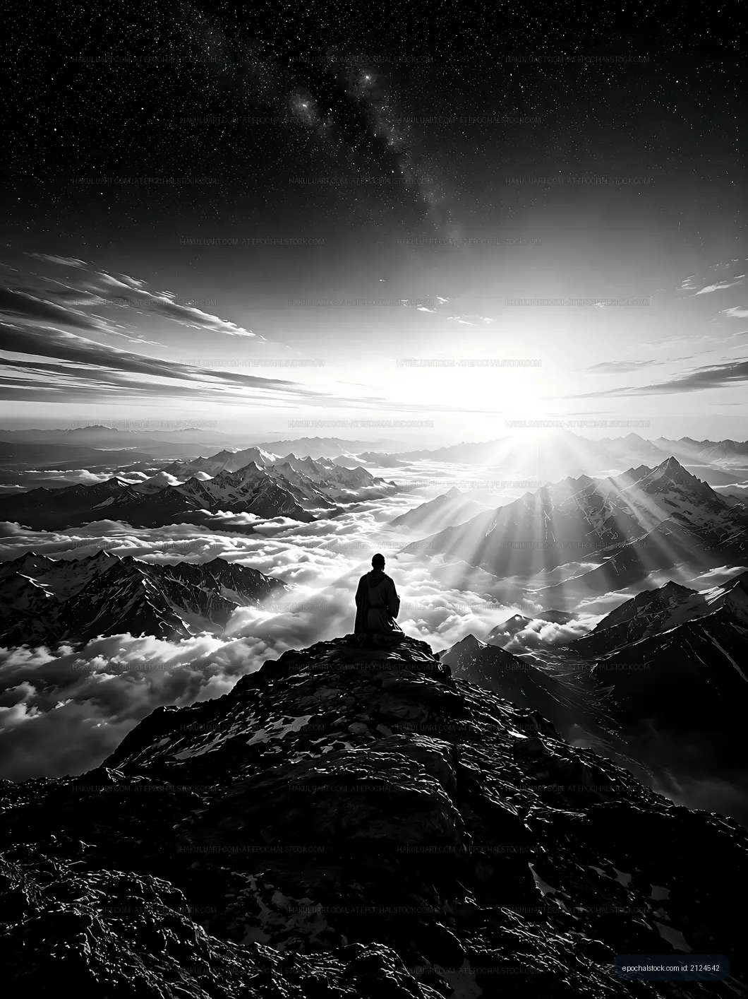 Person sitting on mountain peak overlooking clouds and sunrise
