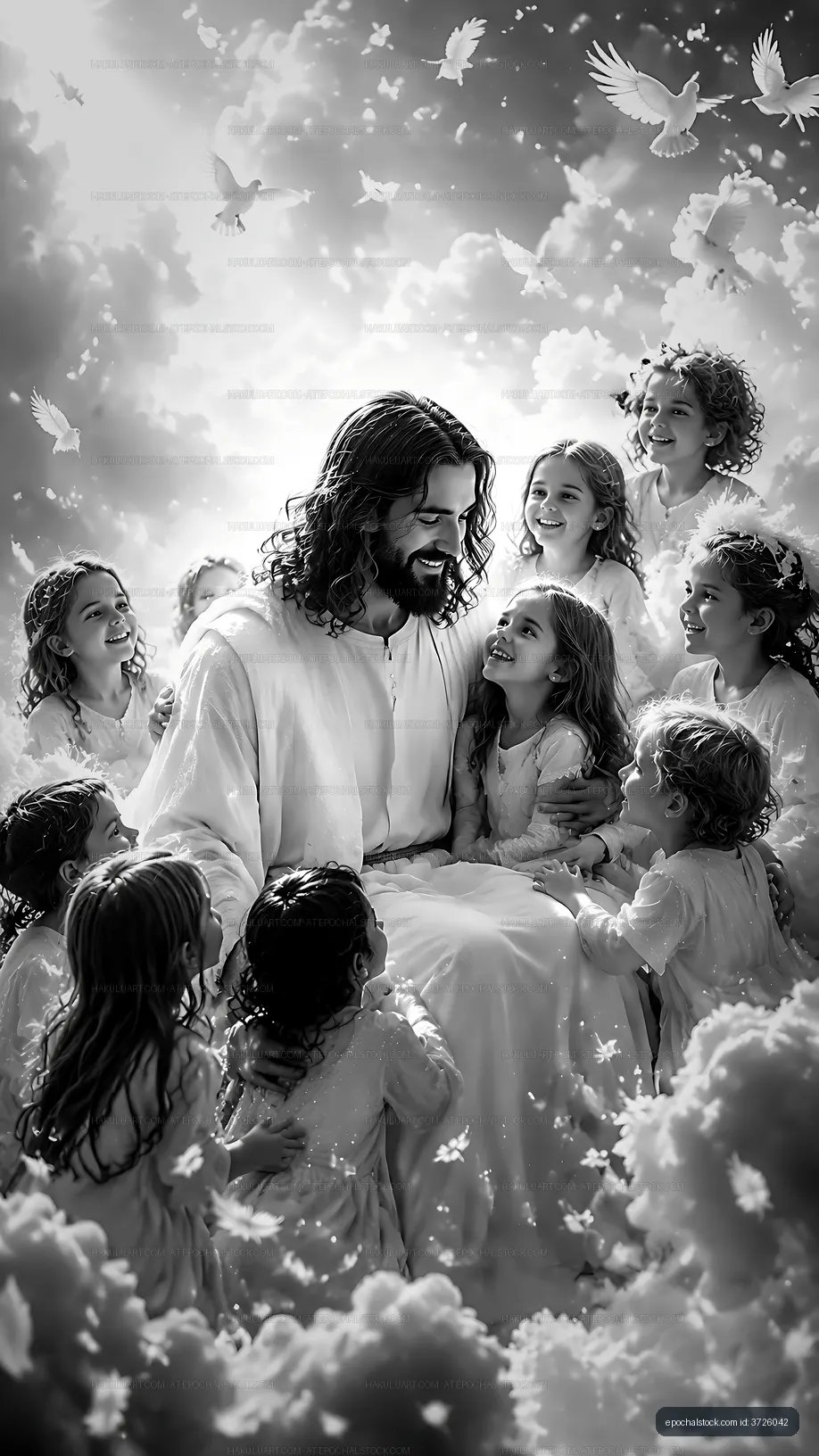 Jesus surrounded by children in a cloud-filled scene