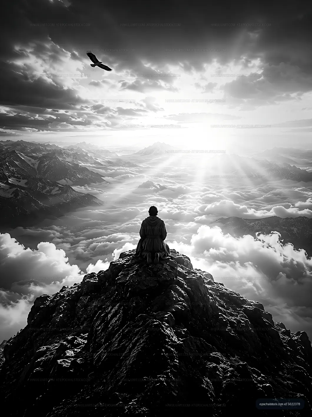 Person sitting on mountain peak looking at clouds and sun rays