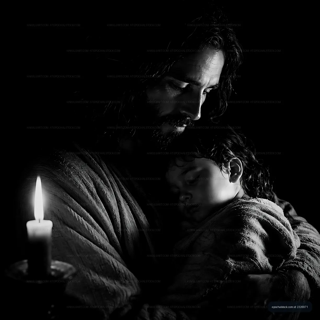 Father holding child in dark setting with candlelight
