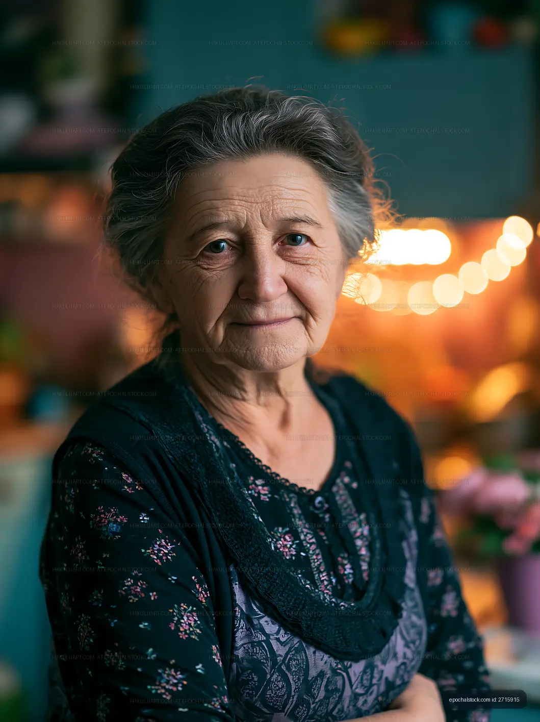 Elderly woman smiling with warm background lights in home setting