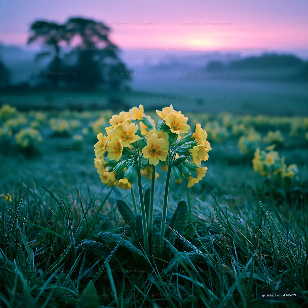 Yellow flowers bloom in a field at dawn