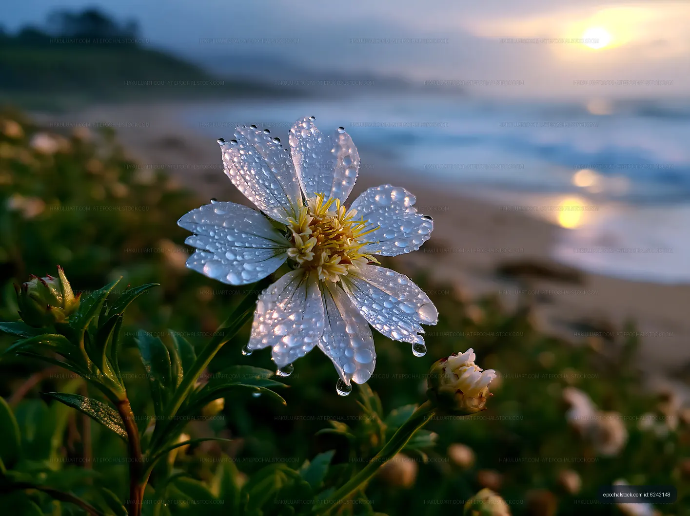 Close-up of flower with dew near beach during sunset