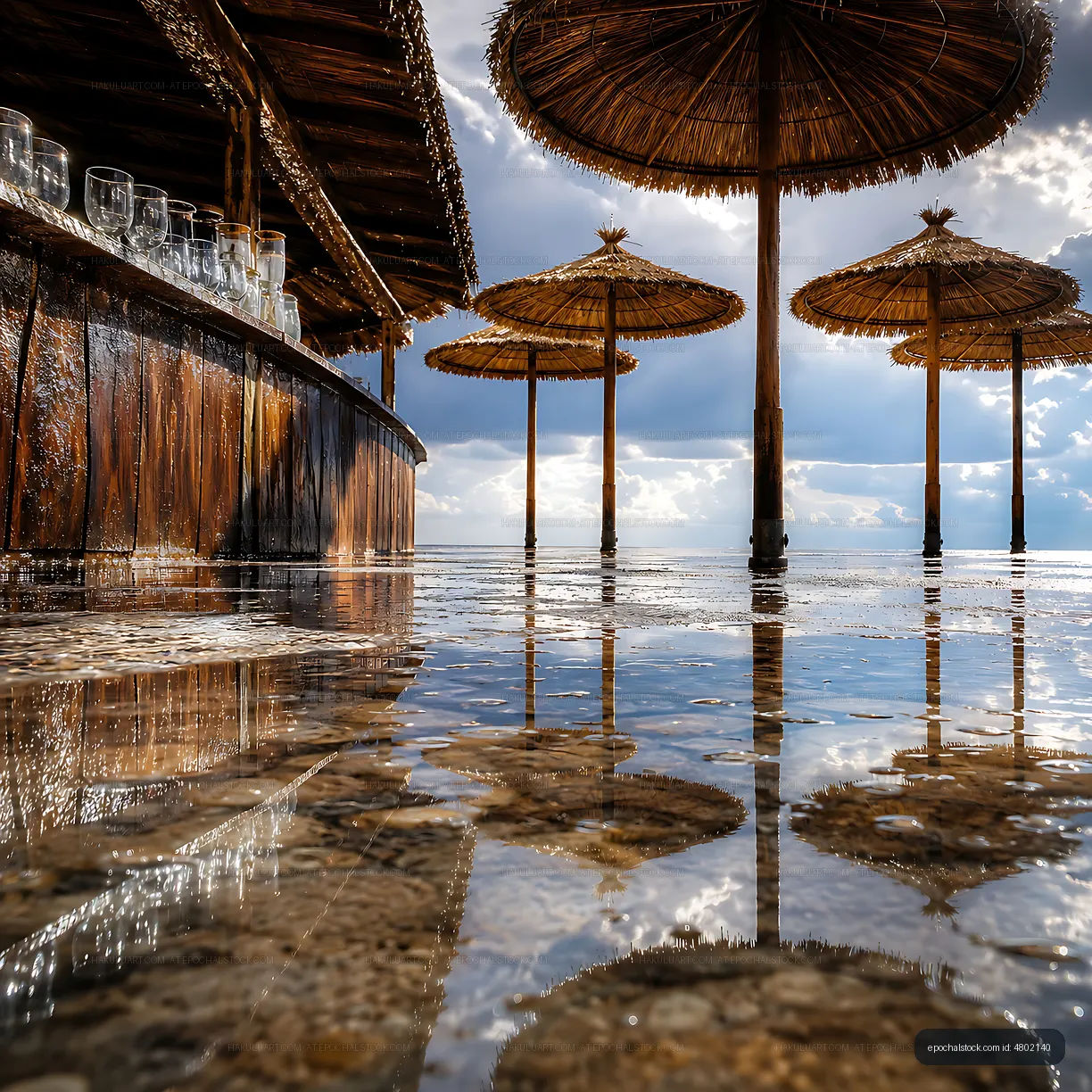 Reflection of umbrellas and bar at beach during sunset