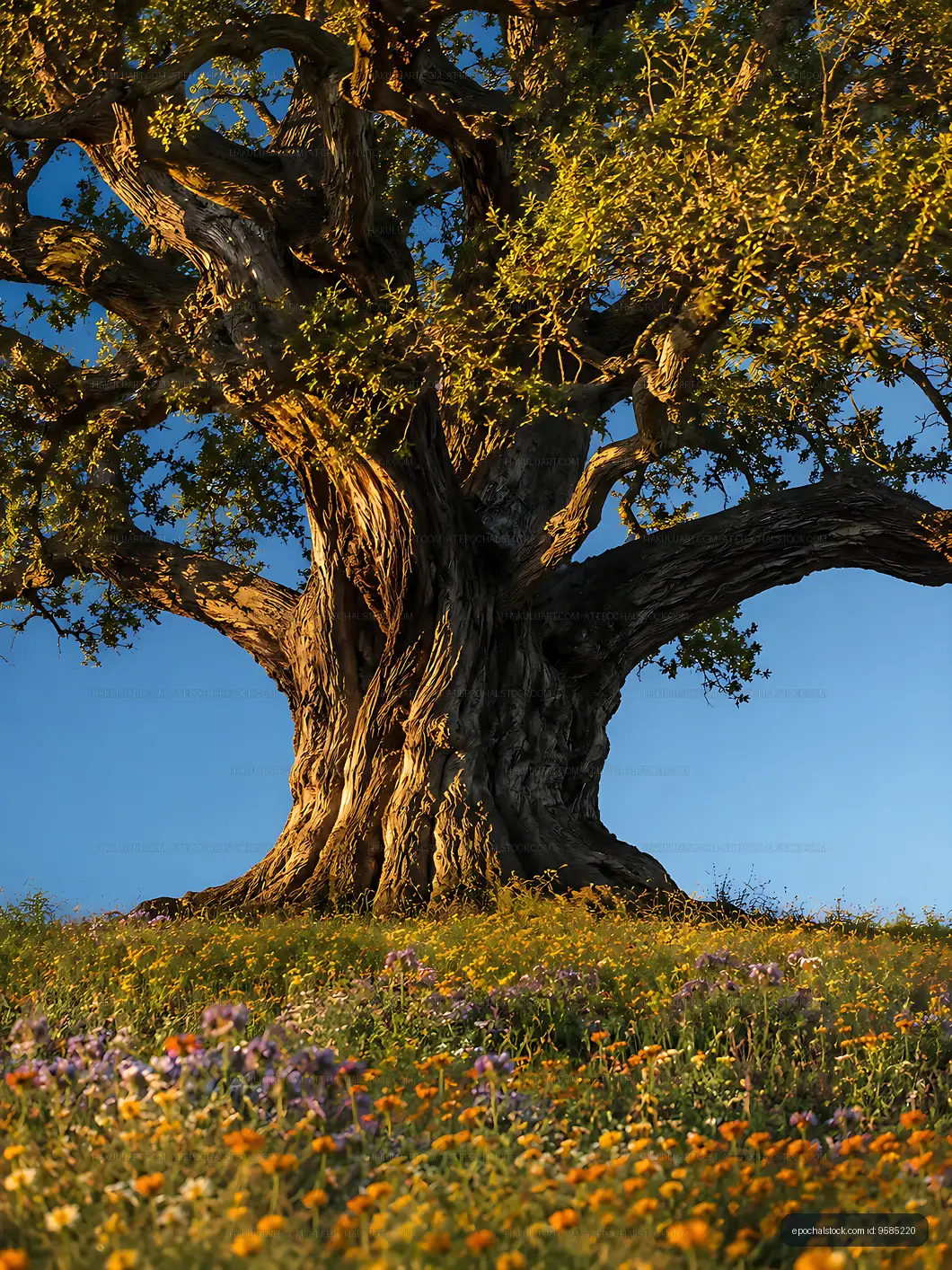 Large tree surrounded by wildflowers in a sunny field