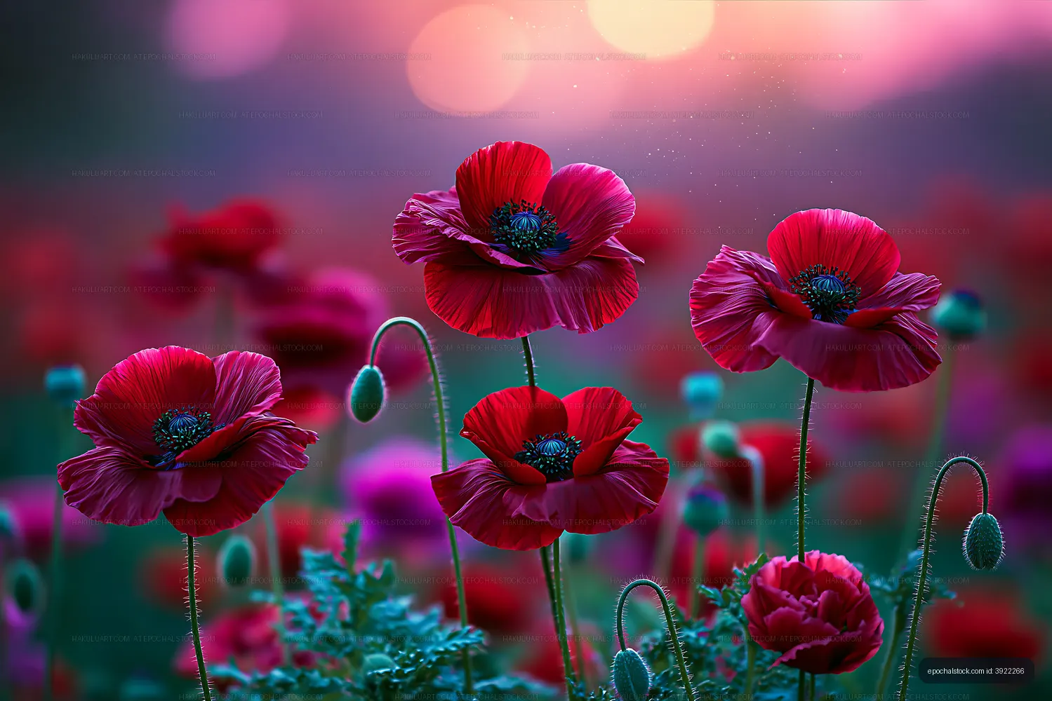 Vibrant red poppies in a field at sunset