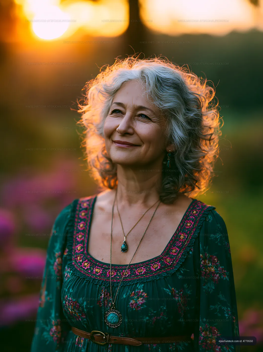 Woman standing in a field during sunset with flowers around her