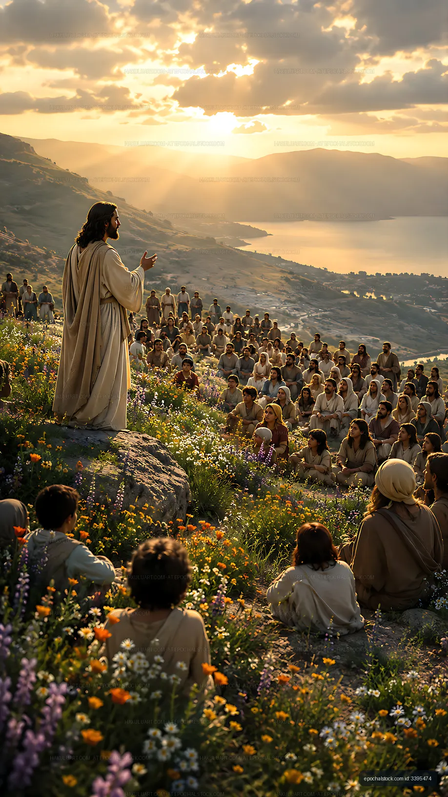 Crowd listening to a speaker on a hillside at sunset