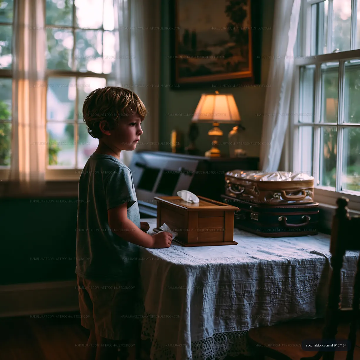 Boy stands by table looking out window in cozy room