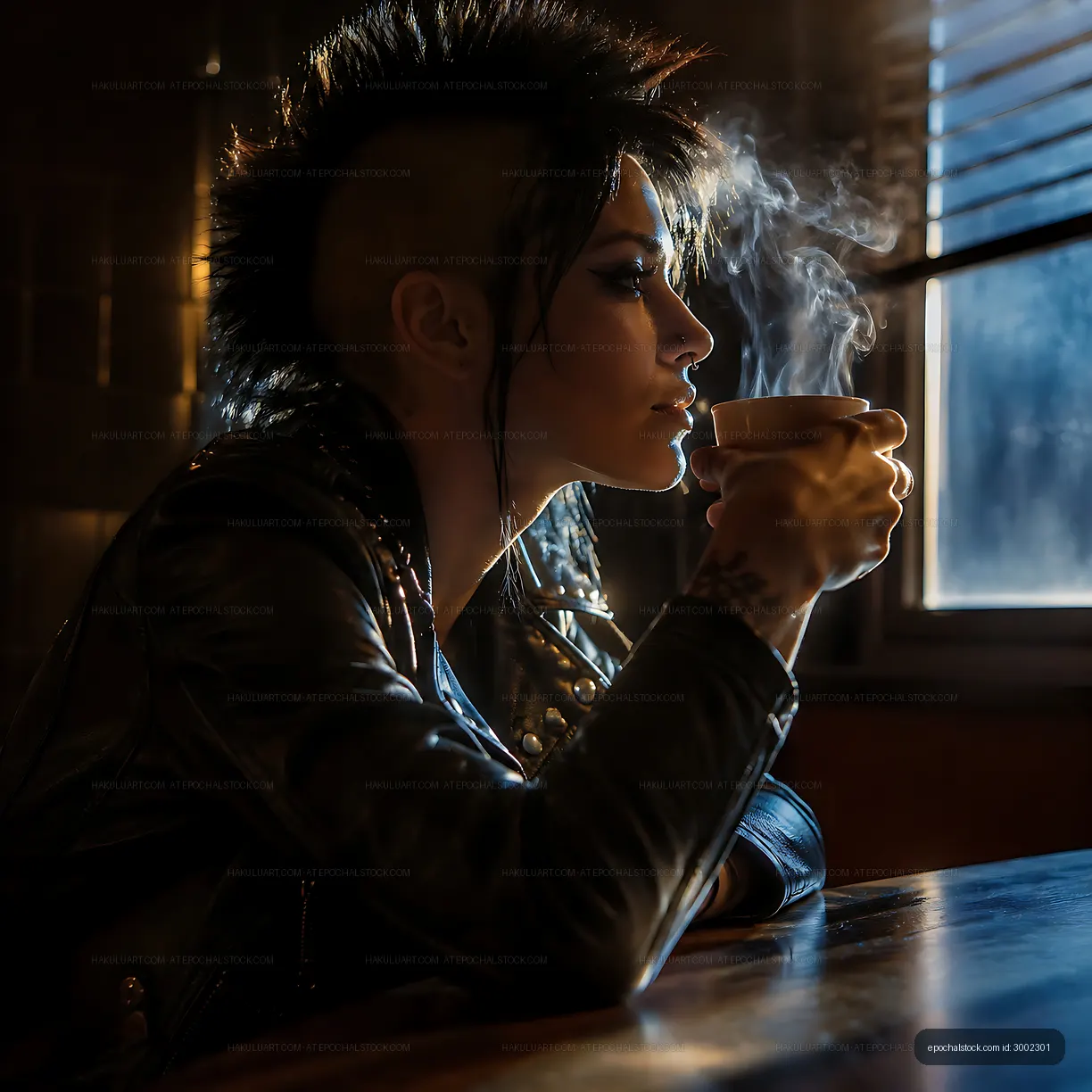 Person with mohawk hairstyle drinks coffee by window