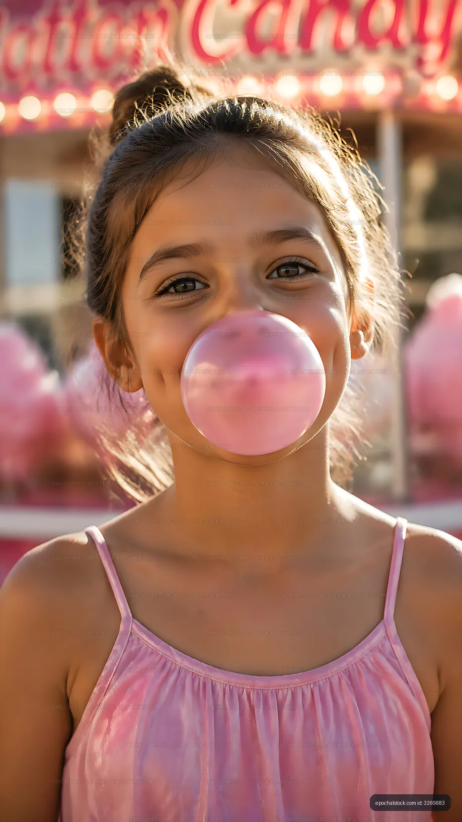 Girl blowing bubble gum at a fair with cotton candy in background