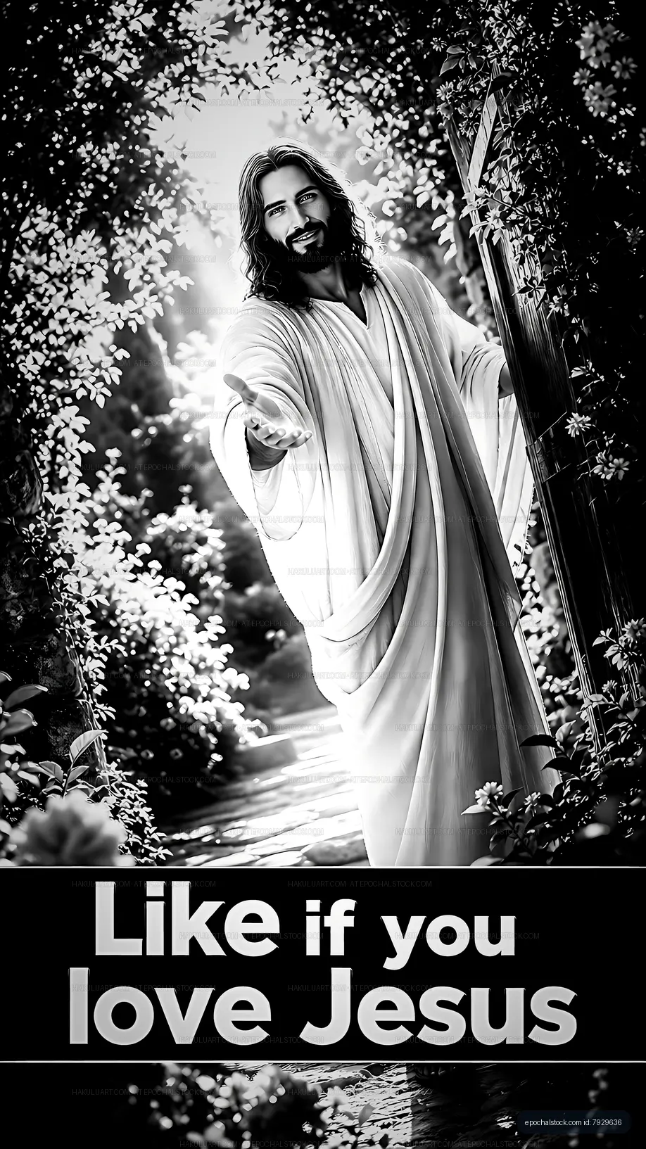 Jesus standing in a garden with open arms, inviting interaction