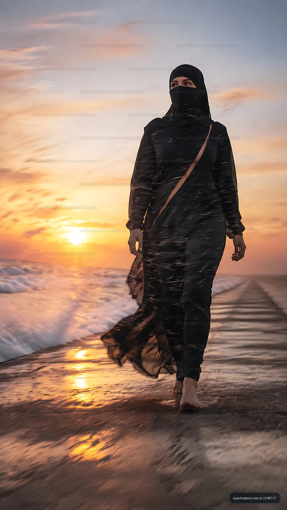 Woman walking by the ocean at sunset with flowing garment
