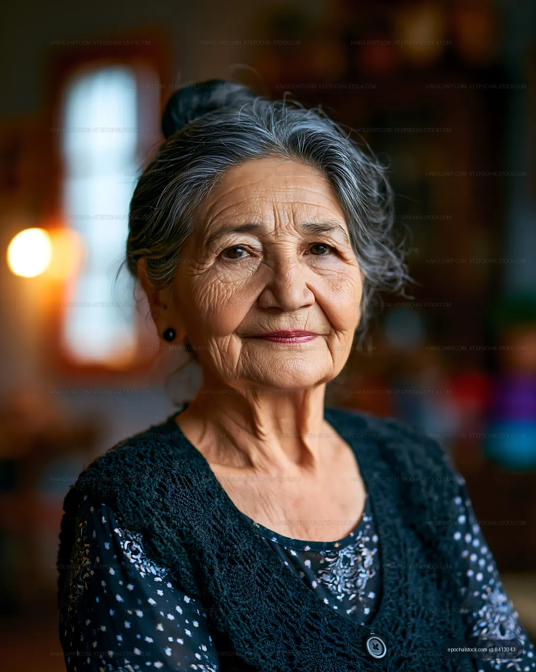 Elderly woman with gray hair in indoor setting