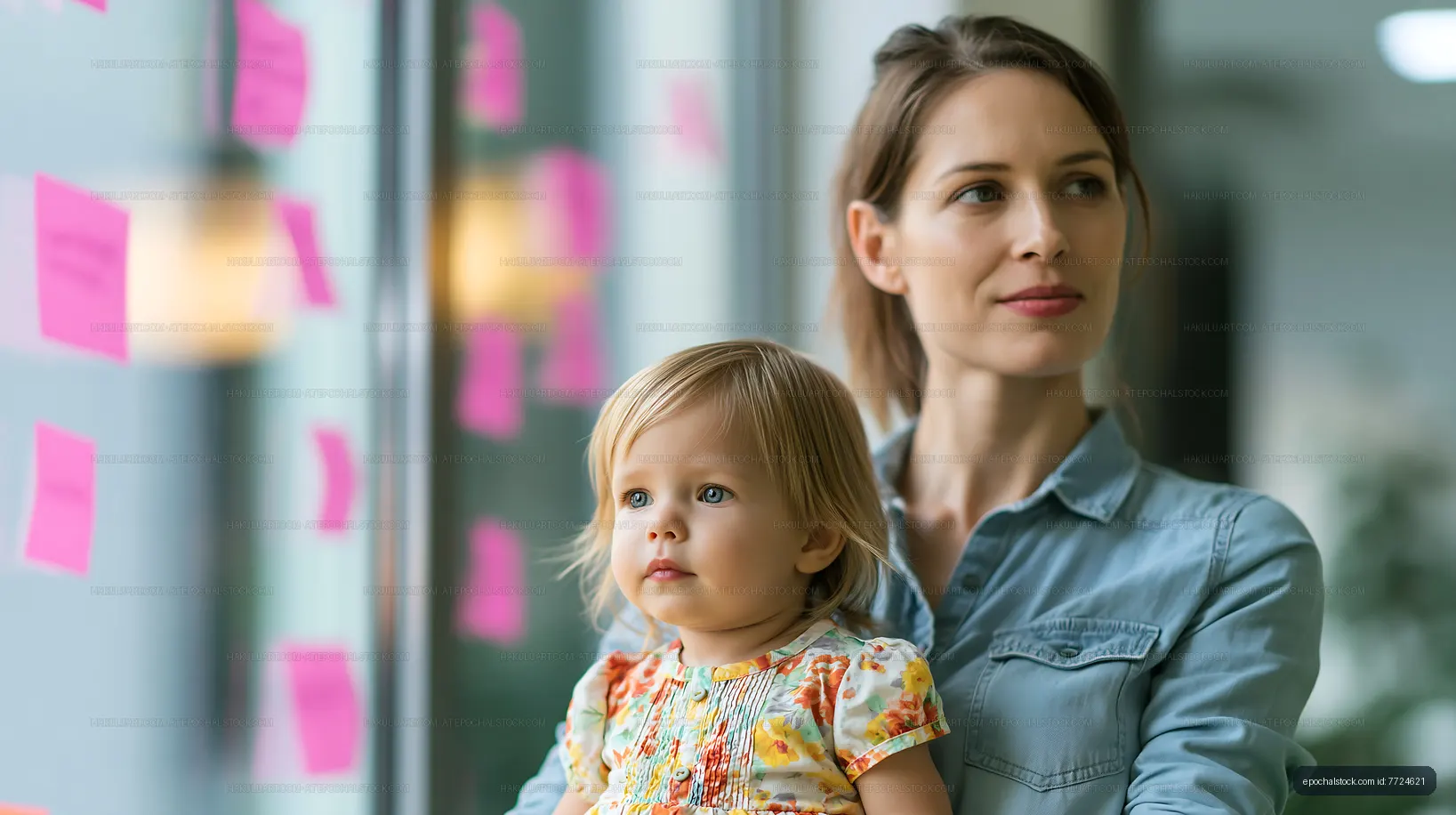 Mother holding child indoors by a window with colorful notes