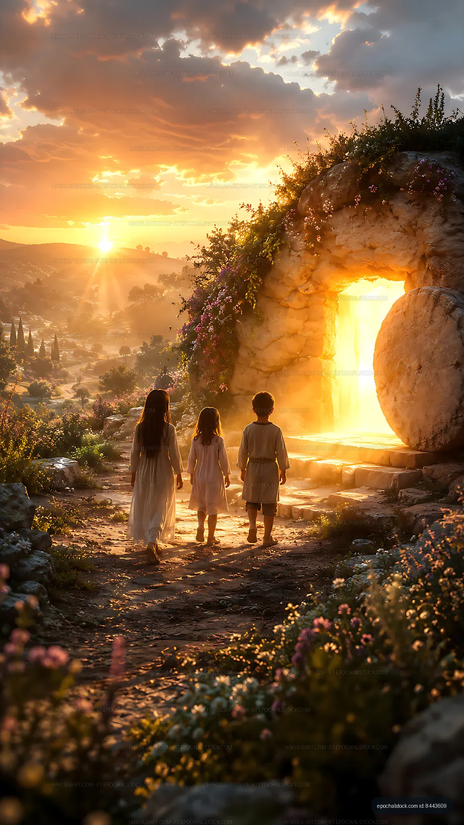 Children walking towards an illuminated entrance at sunset