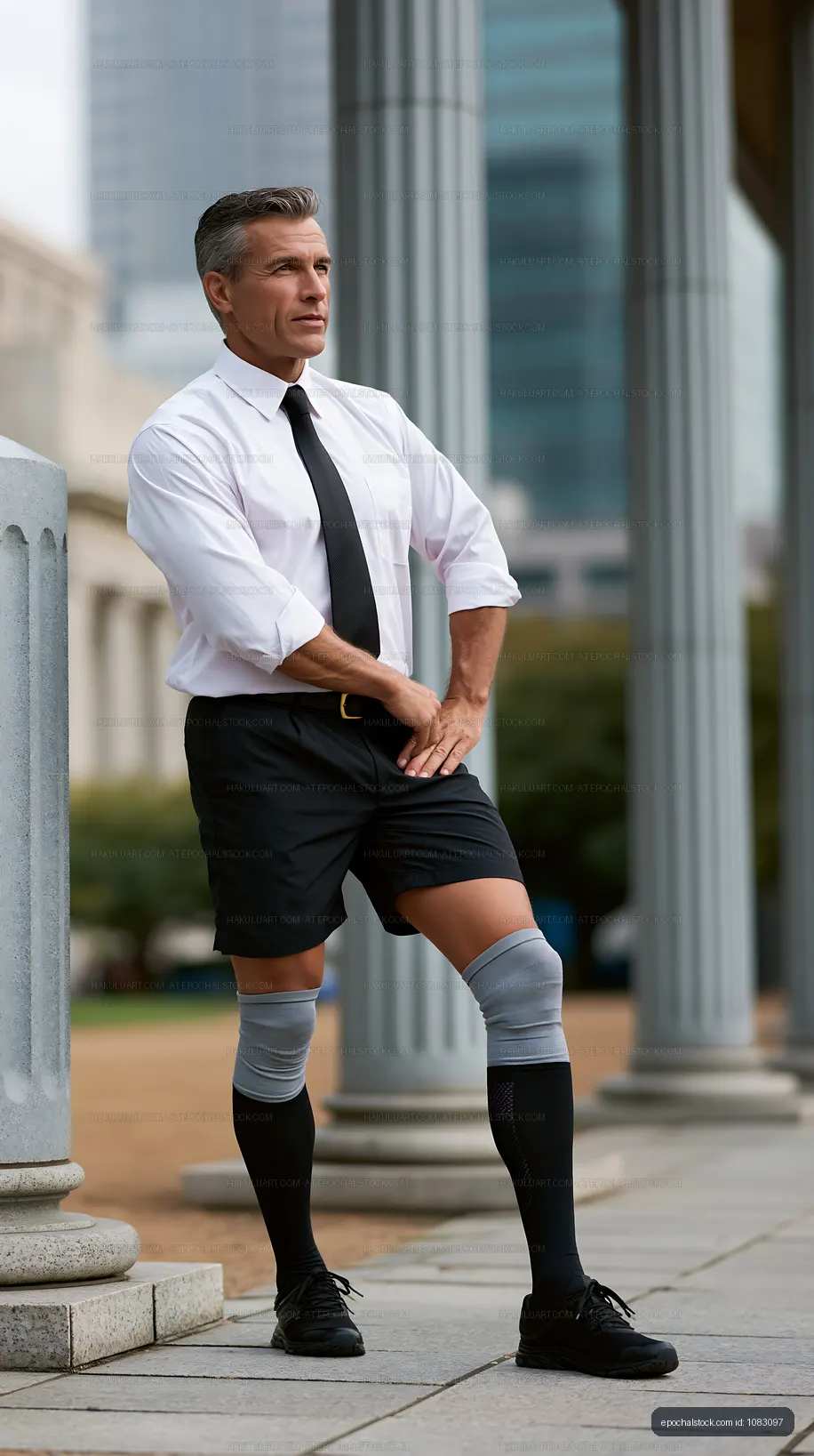 Business man stretching outdoors in formal wear