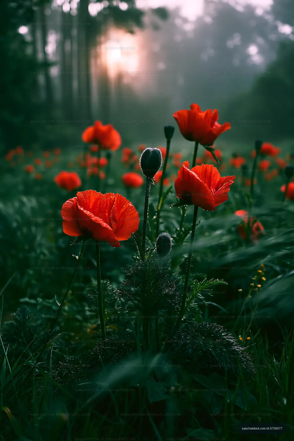 Bright red poppies in a misty field during sunrise