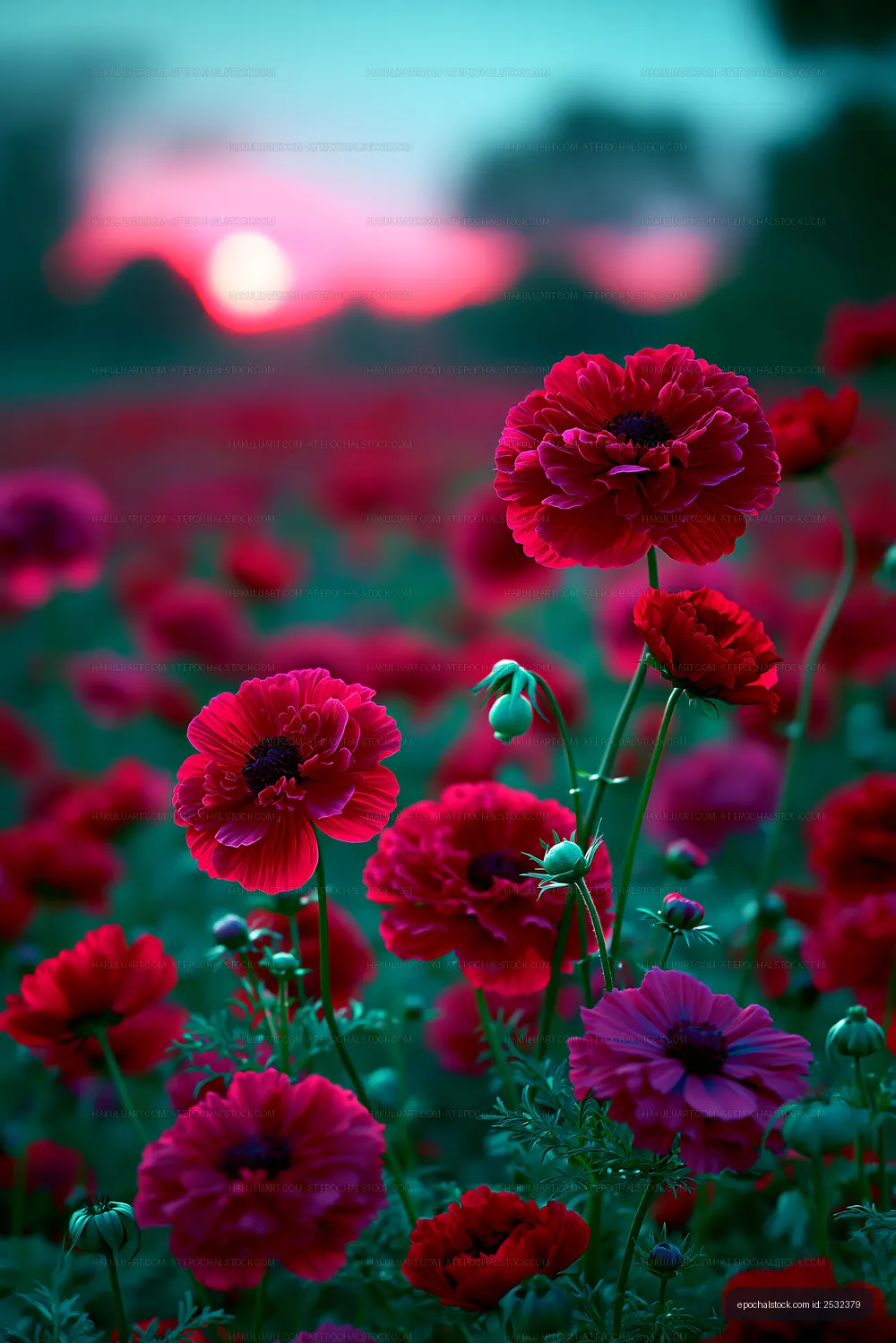 Vibrant flowers in a field during sunset