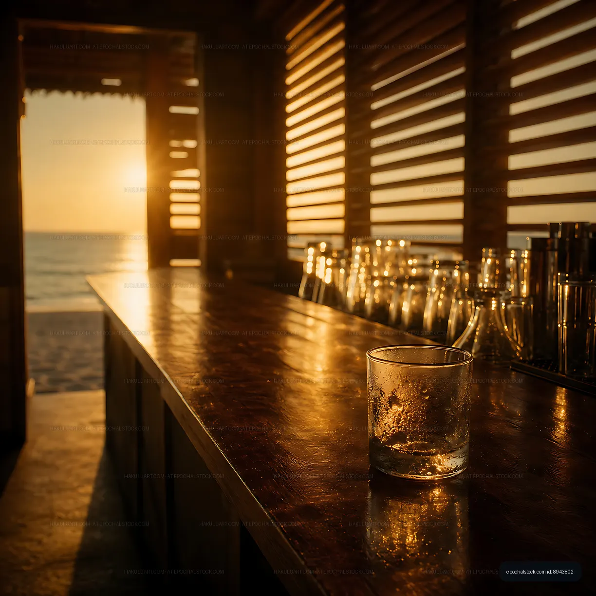Sunset view of a drink on a bar near the beach