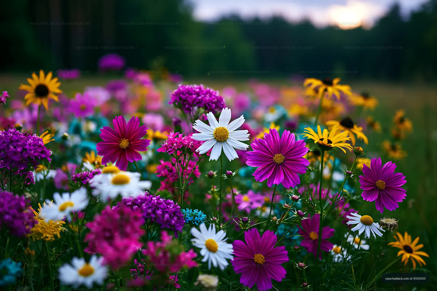 Colorful wildflowers in a field during sunset