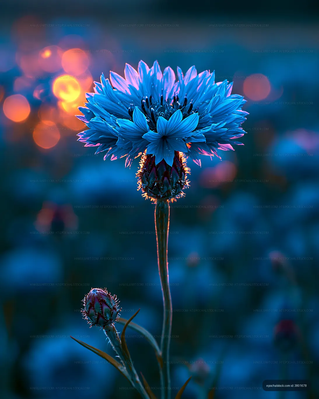 Bright blue flower blooming in a field at sunset