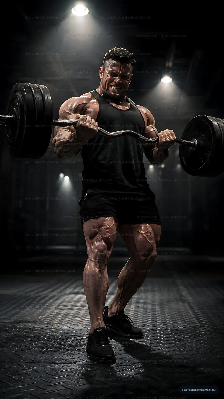 Muscle man lifting heavy weights in a gym