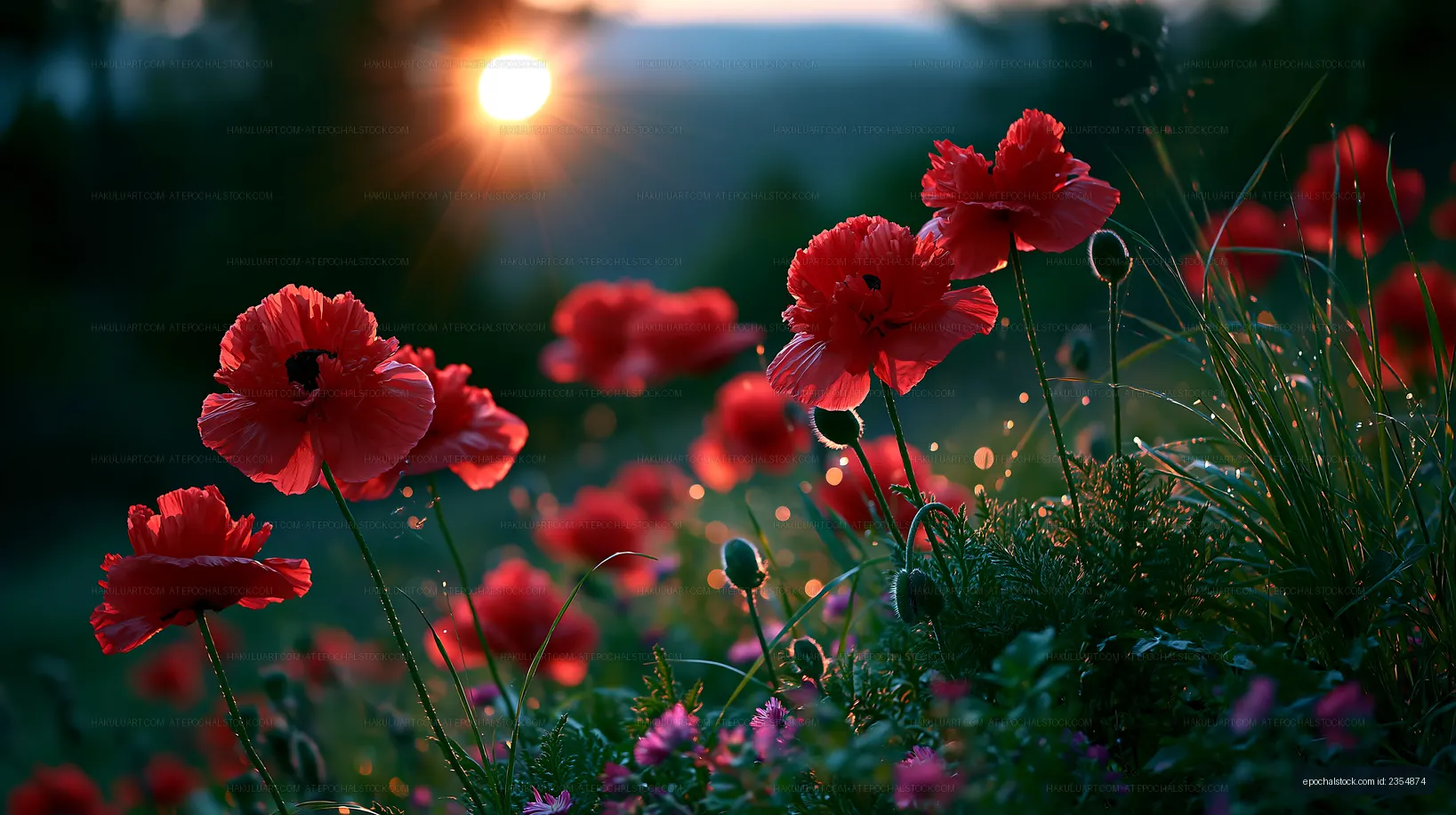 Sunrise over a field of red poppies and wildflowers