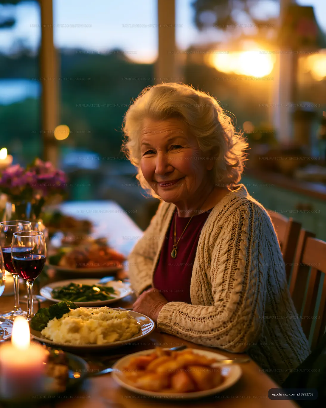 Dinner gathering with an elderly woman at sunset