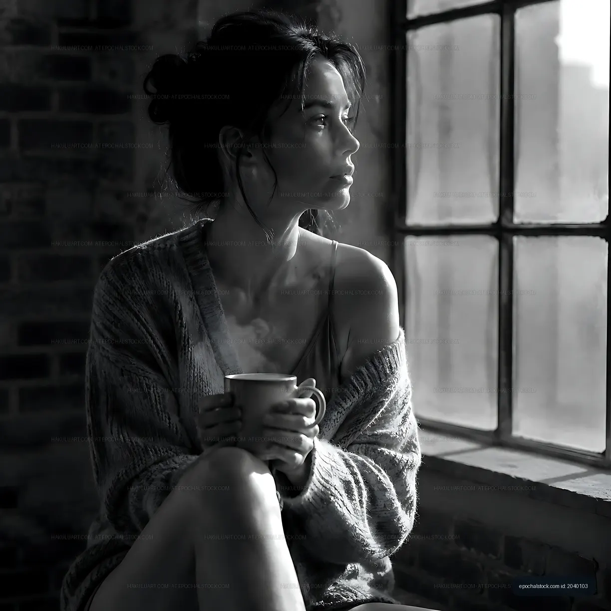 Woman sitting by window holding cup in cozy room