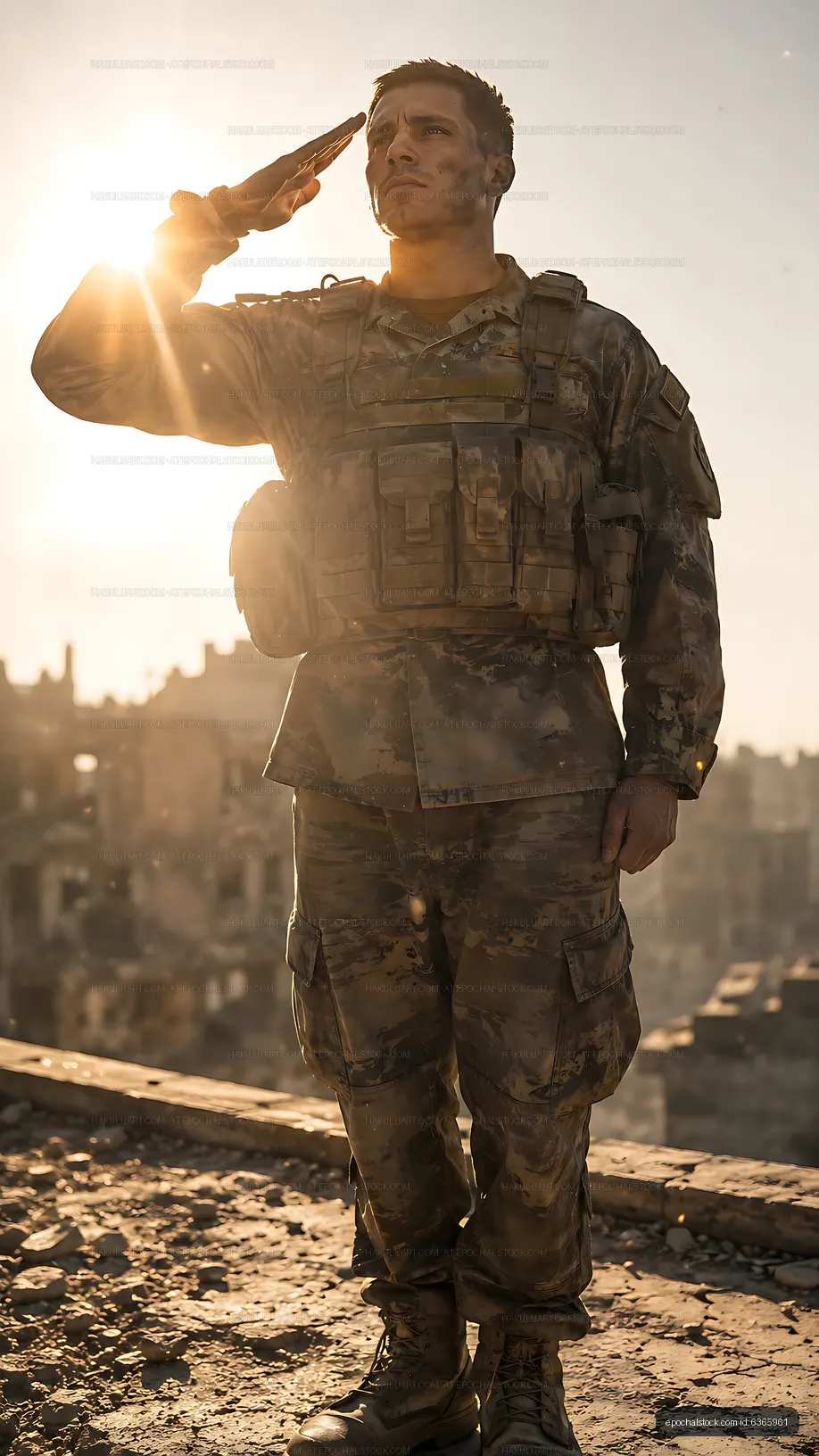 Soldier saluting at sunset in a war-torn area