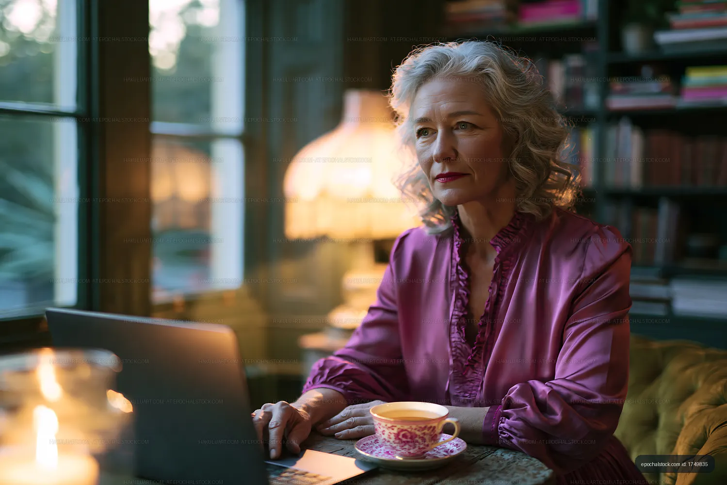 Woman seated at a table with a laptop and tea during evening light