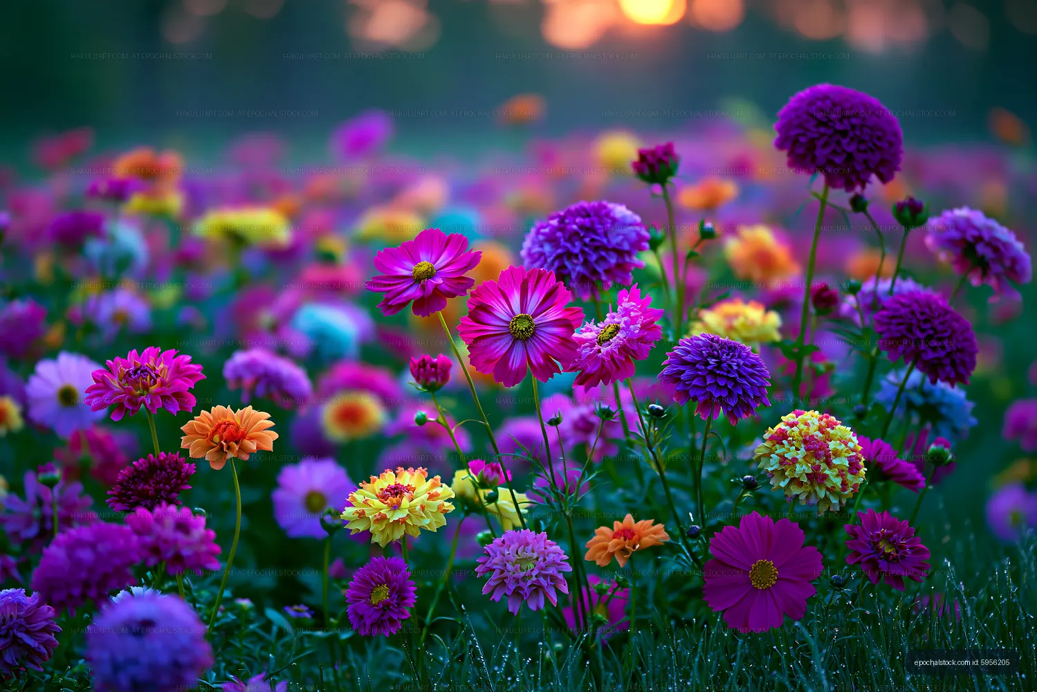 Colorful flower field during sunset in a rural area