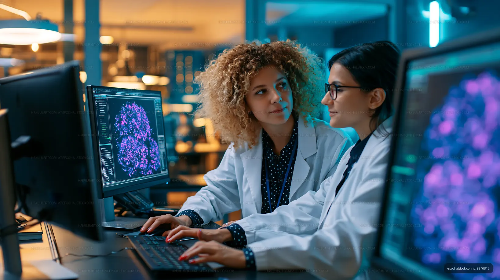 Women working together in a science lab using computers