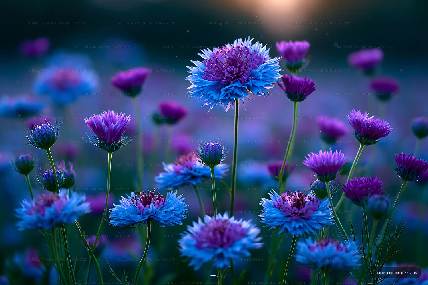 Colorful wildflowers in a field at sunset