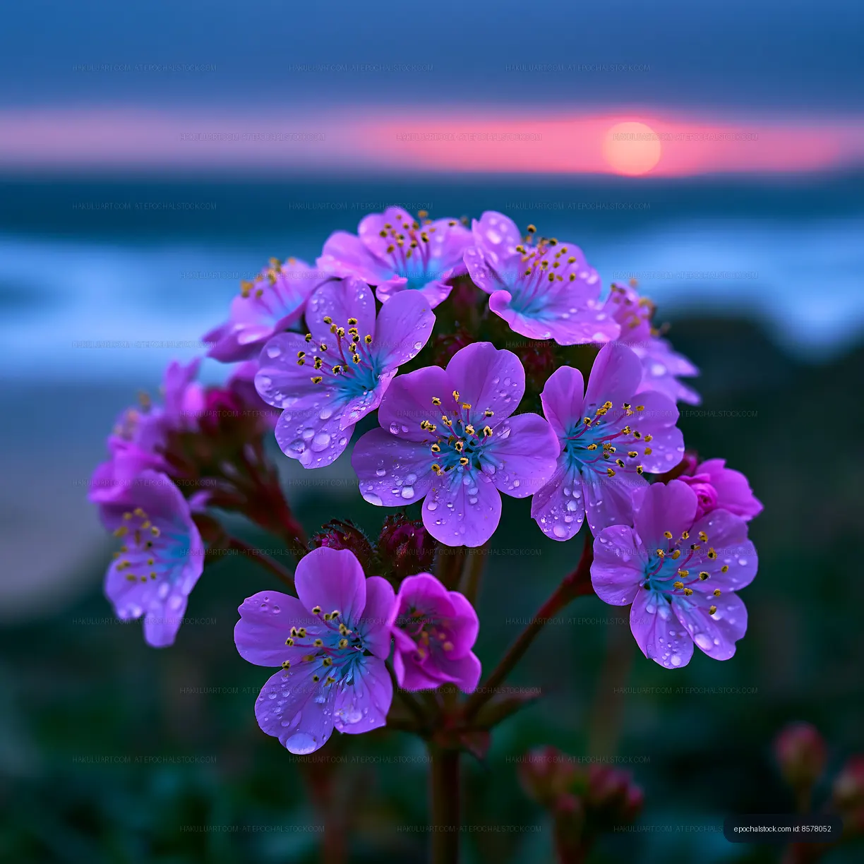 Pink flowers with dew at sunset near the ocean shore