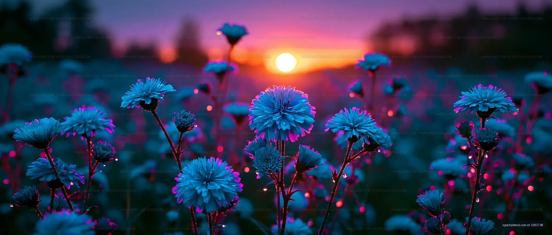 Bright flowers against a sunset sky in a field