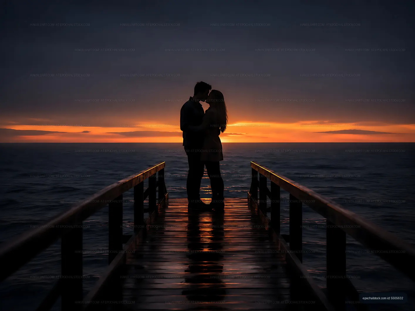 Couple kissing on a dock at sunset by the water