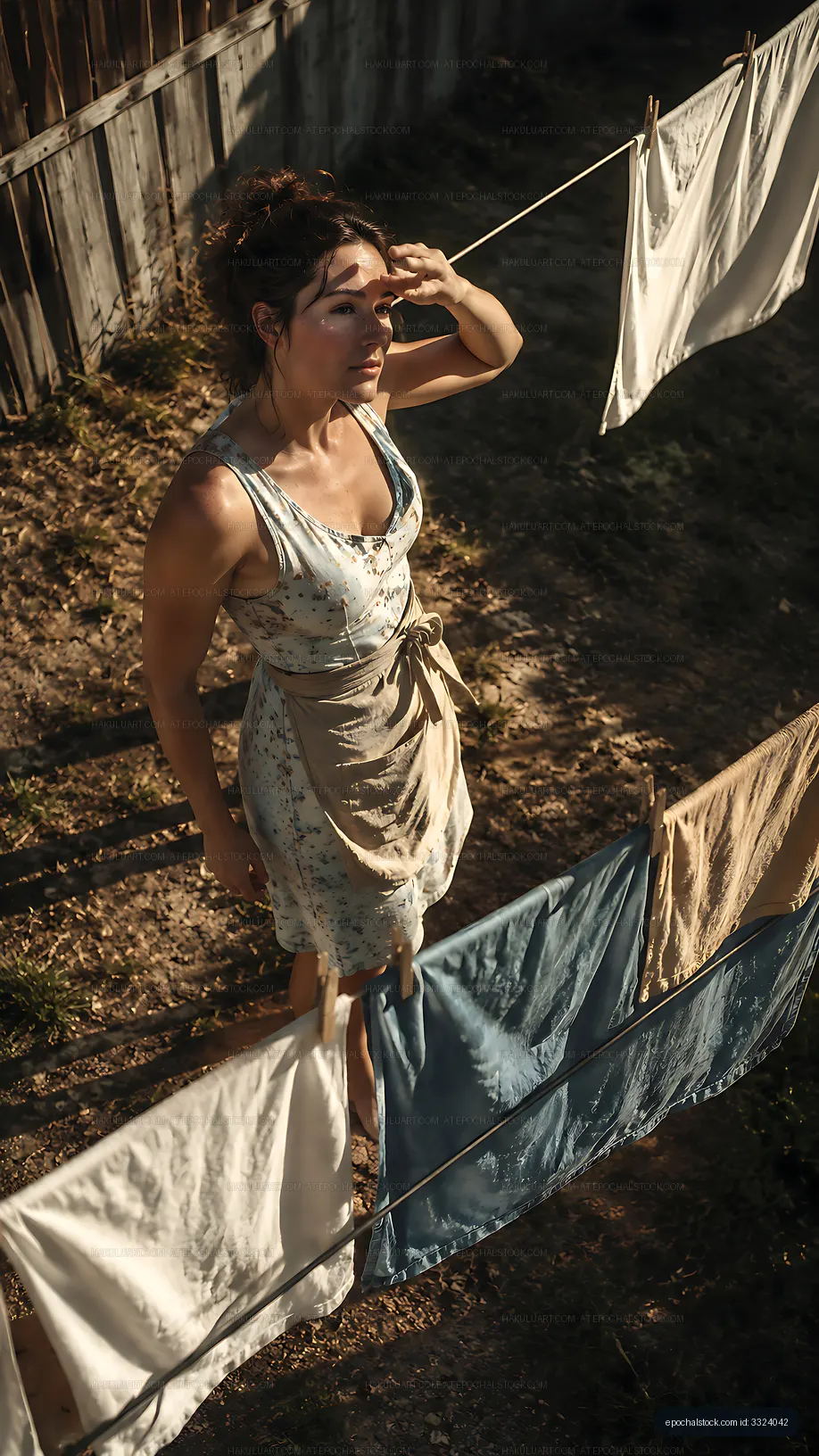 Woman hanging laundry in a sunny outdoor setting