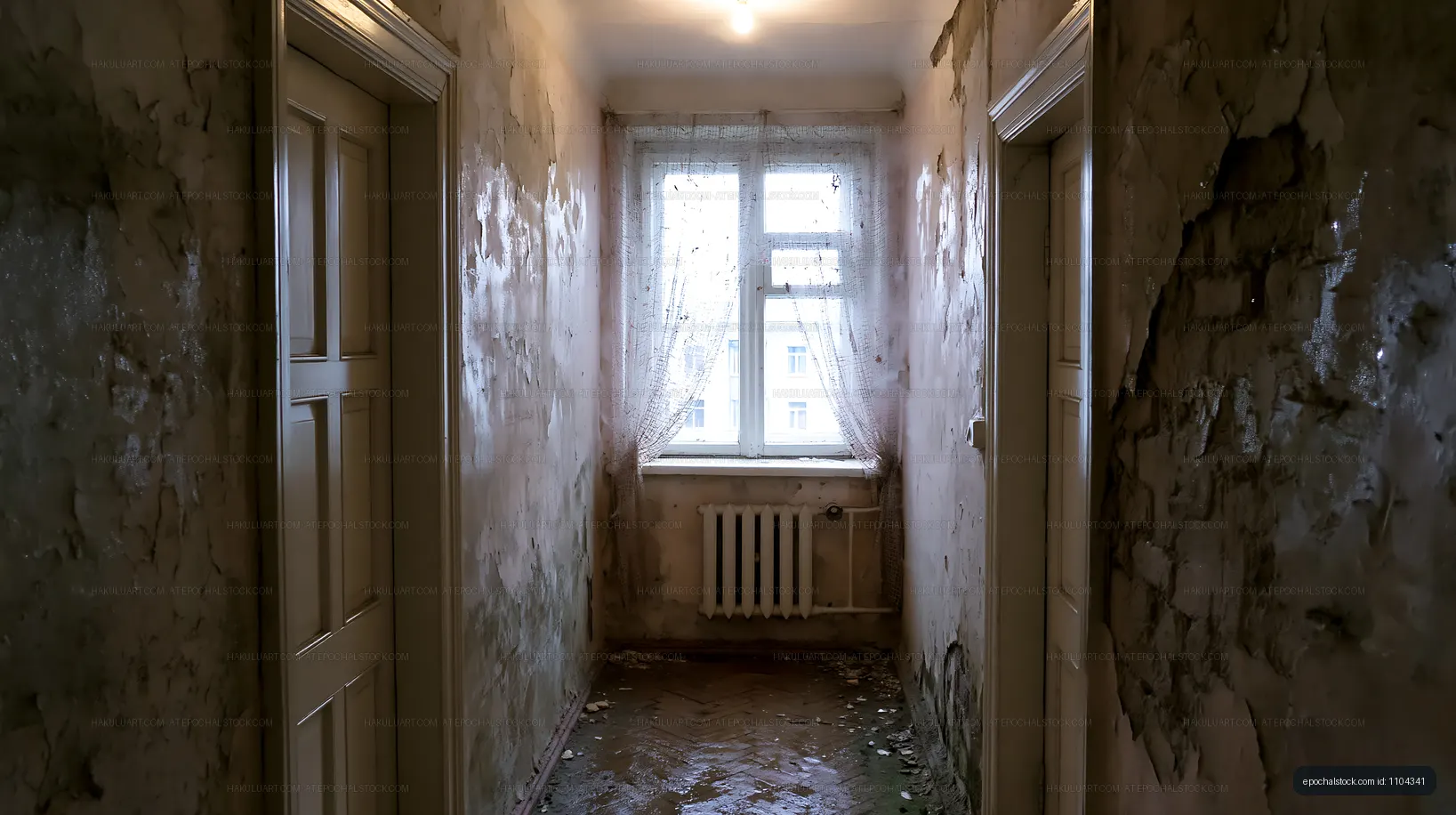 Dilapidated hallway in an old building with peeling walls